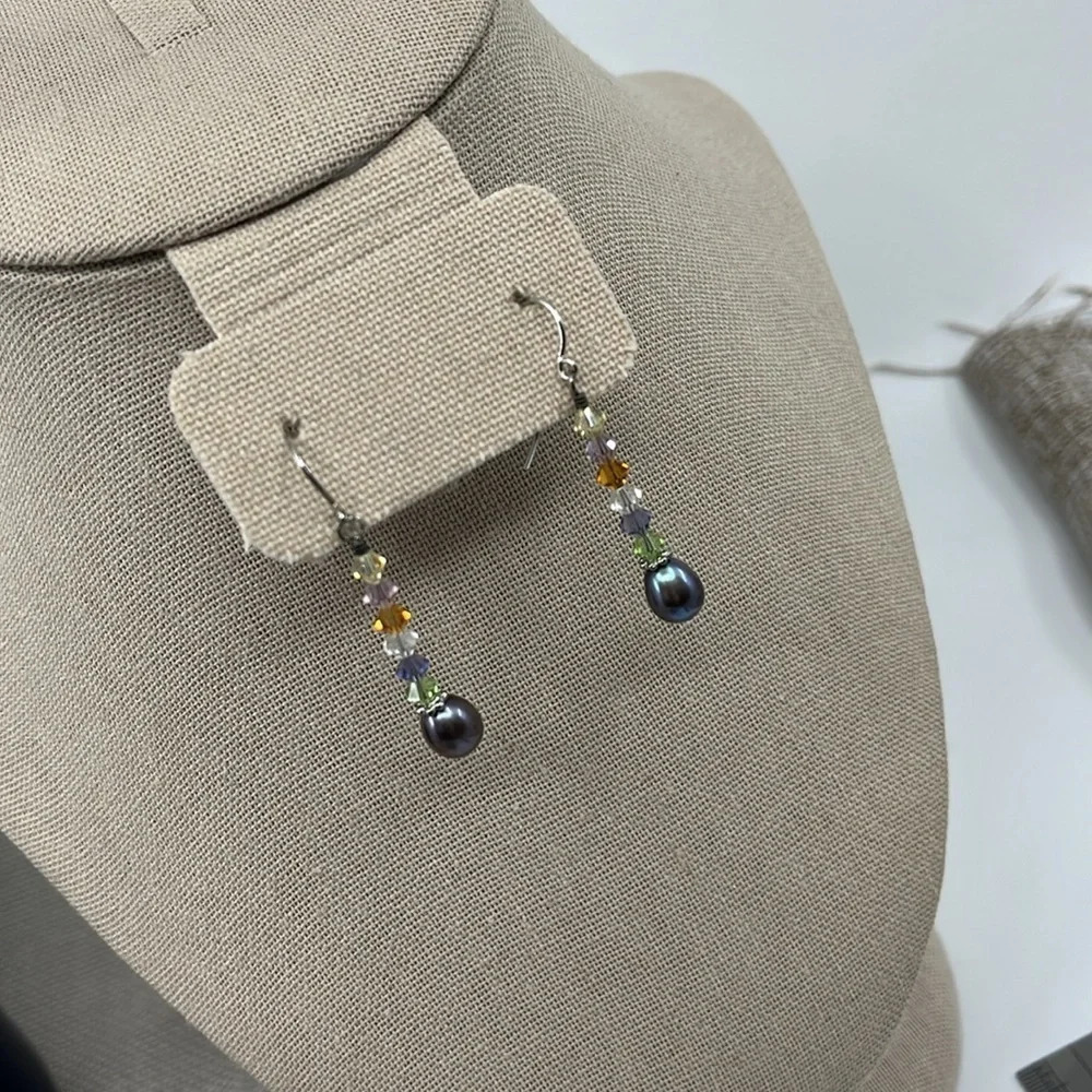 Swarovski Crystal & Blue Pearl 925 Sterling Drop Earrings - Picture 12 of 17